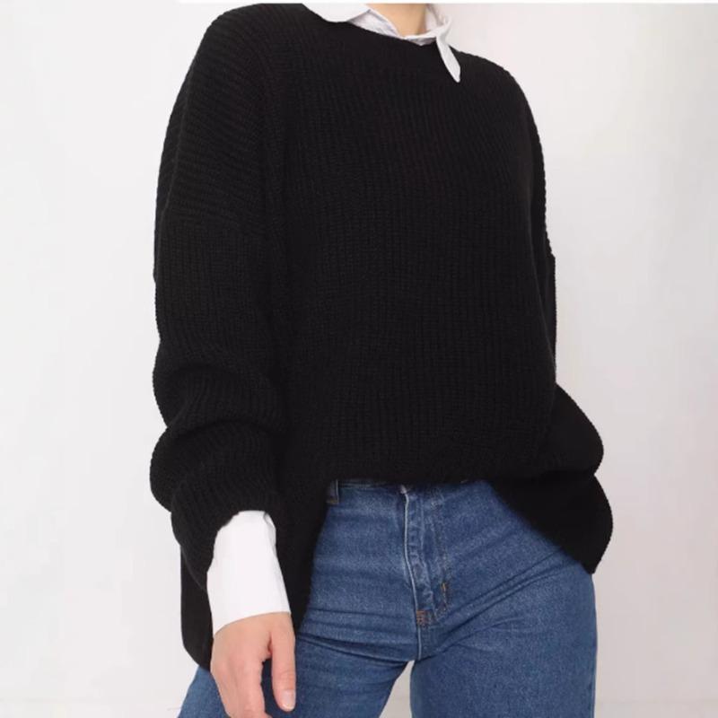 Solid color crew neck sweater spring and autumn loose knitted sweater top women pullover sweater women