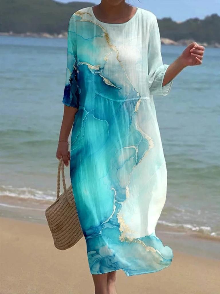 European and American New Large-size Dress Women's Clothing Seaside Vacation Printed Loose Long Dress