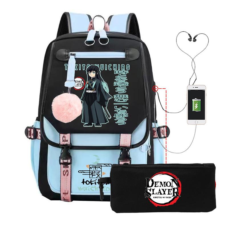 Casual Korean version schoolbag ghost extermination animation two-dimensional trend boys and girls USB backpack two-piece set