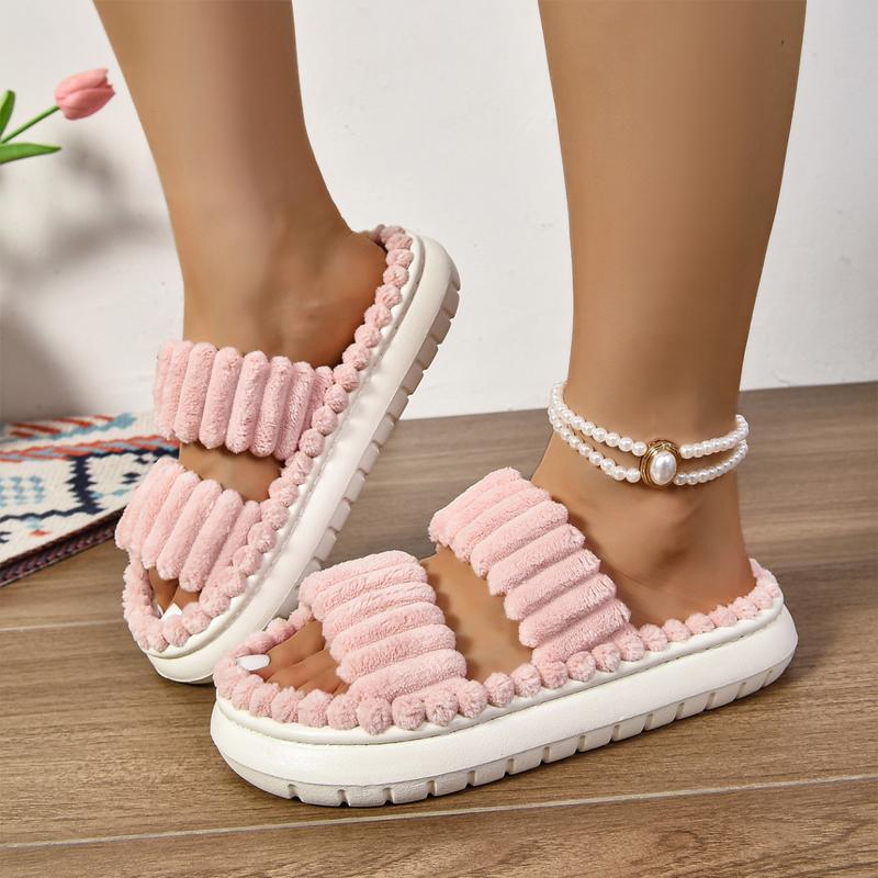 Fashion Litfun Corduroy Plush Women's Slippers Thick Bottom Home Slides EVA Foam Light Indoor Slides Fluffy Warm Cozy Women's Slippers