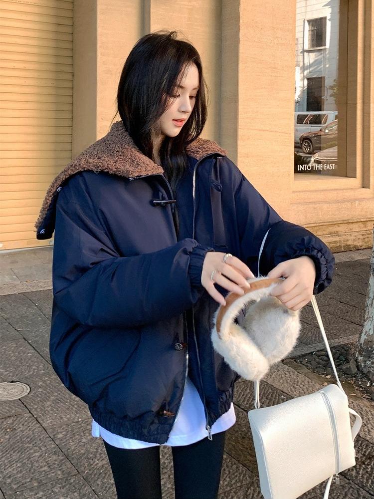 Horns Buckle Big Fur Collar Hooded Cotton-padded Jacket Women's Short Workwear Parkas