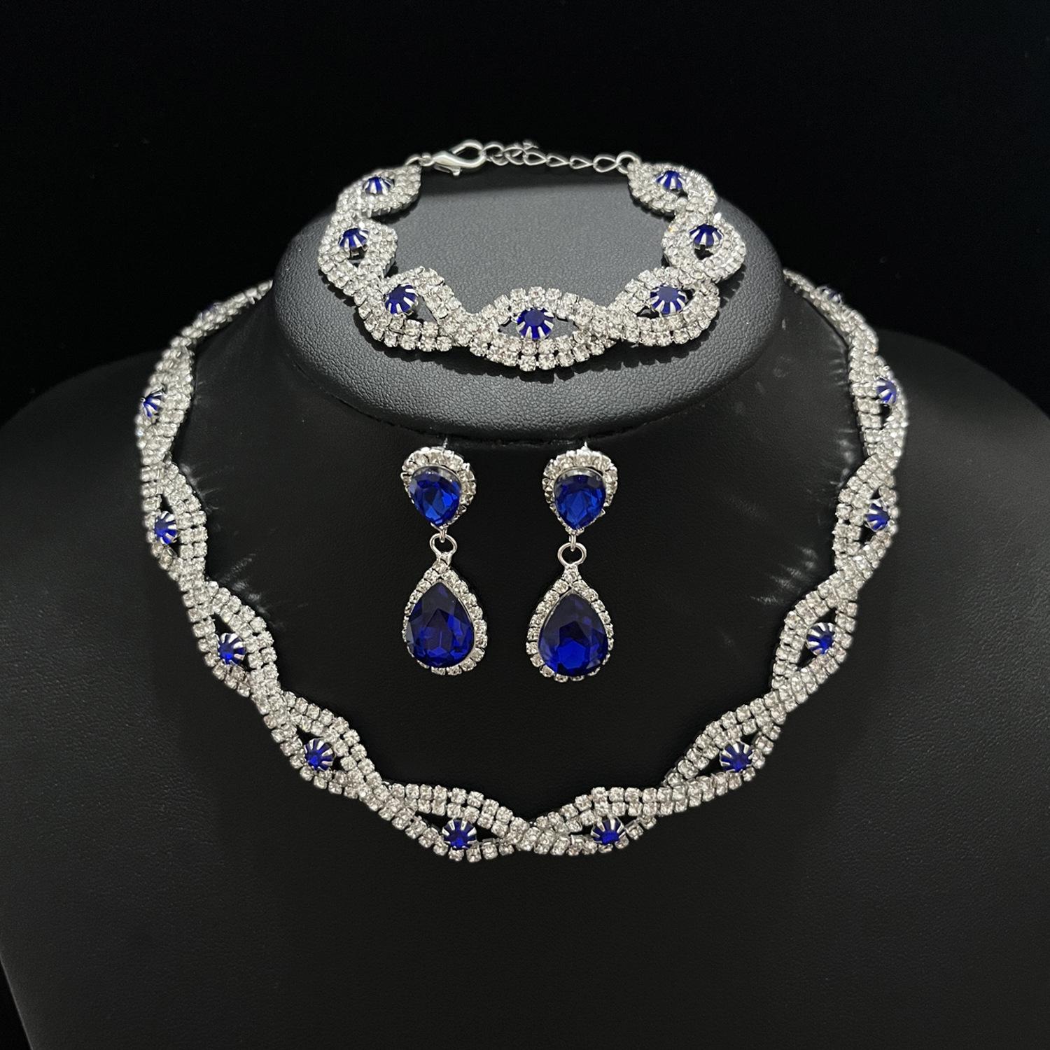 

Модное индивидуальное тканое ожерелье со стразами, браслет, серьги с каплями воды, комплект красных, зеленых, черных бриллиантов, блестящие свадебные украшения