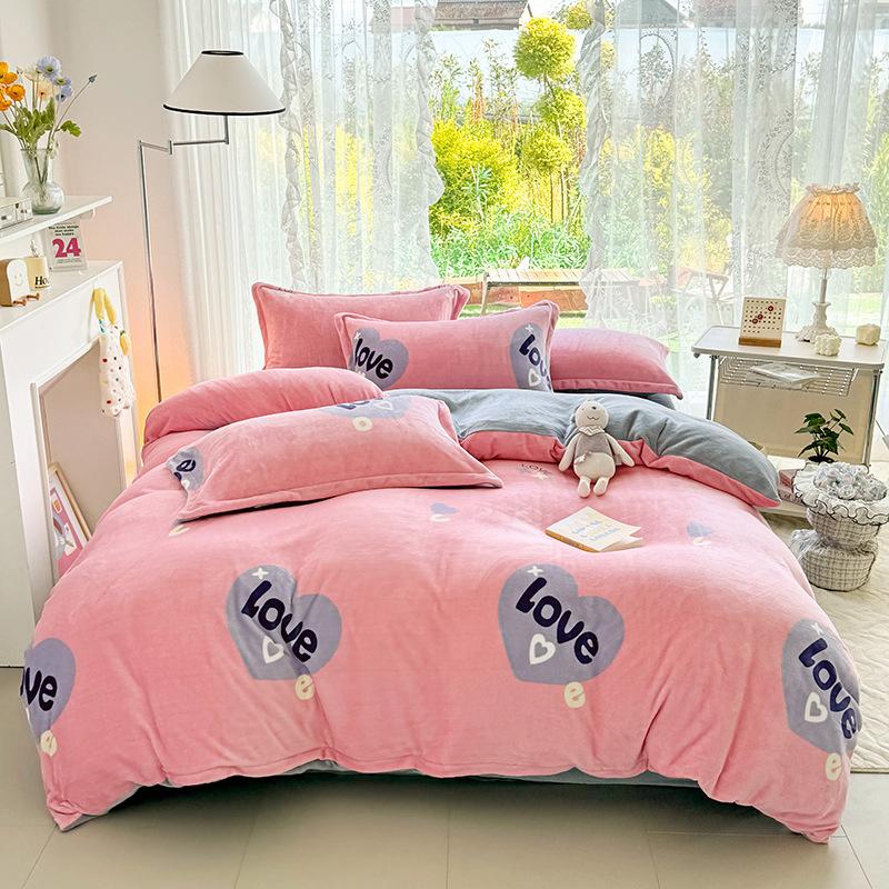 Thickened Milk Fleece Printing Four-Piece Polka Dot Student Bed Sheet Quilt Cover Bed Three-Piece Dormitory