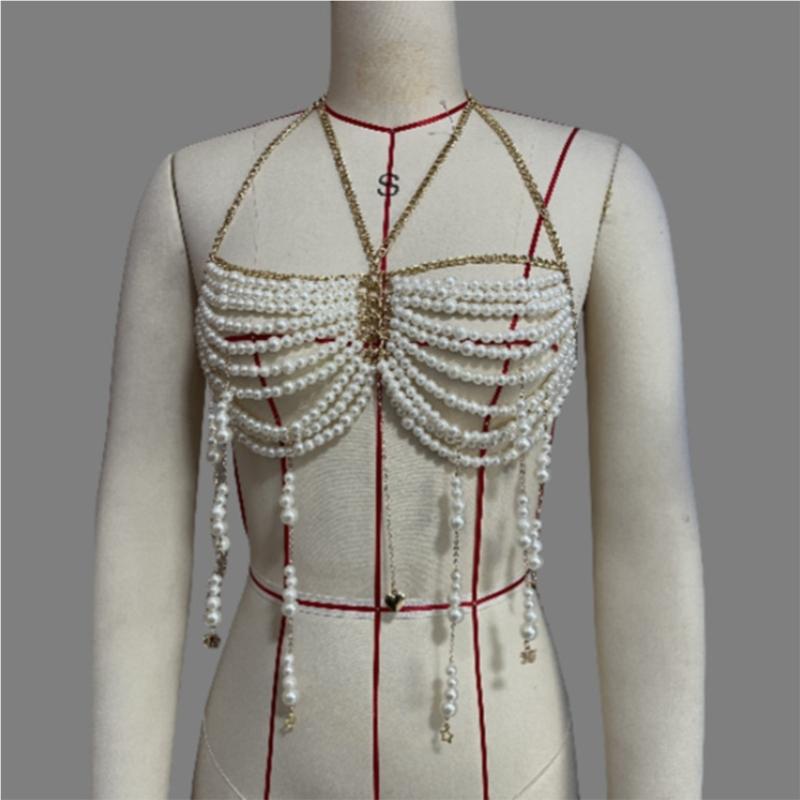 Stylish Pearls Beaded Tassels Halter Neck Bra Chain Crop Top Hollowed Out Body Jewelry Camisole Chest Chain for Festival