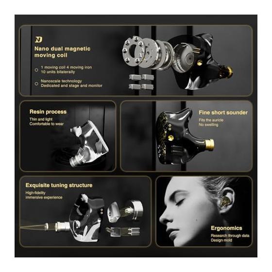 CCA ND 001 4BA+1DD In-Ear Monitors, Hi-Fi IEM Earphones, Deep Bass Wired Earphones with Detachable Tangle-Free Cable (Black, No Microphone)