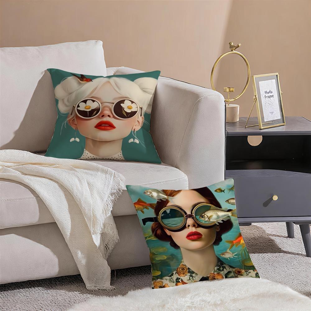 Fashionable Casual Eyeglasses Girl Woman Cushion Cover Pillowcase Short Plush Invisible Zipper Room Sofa Cushion Cover