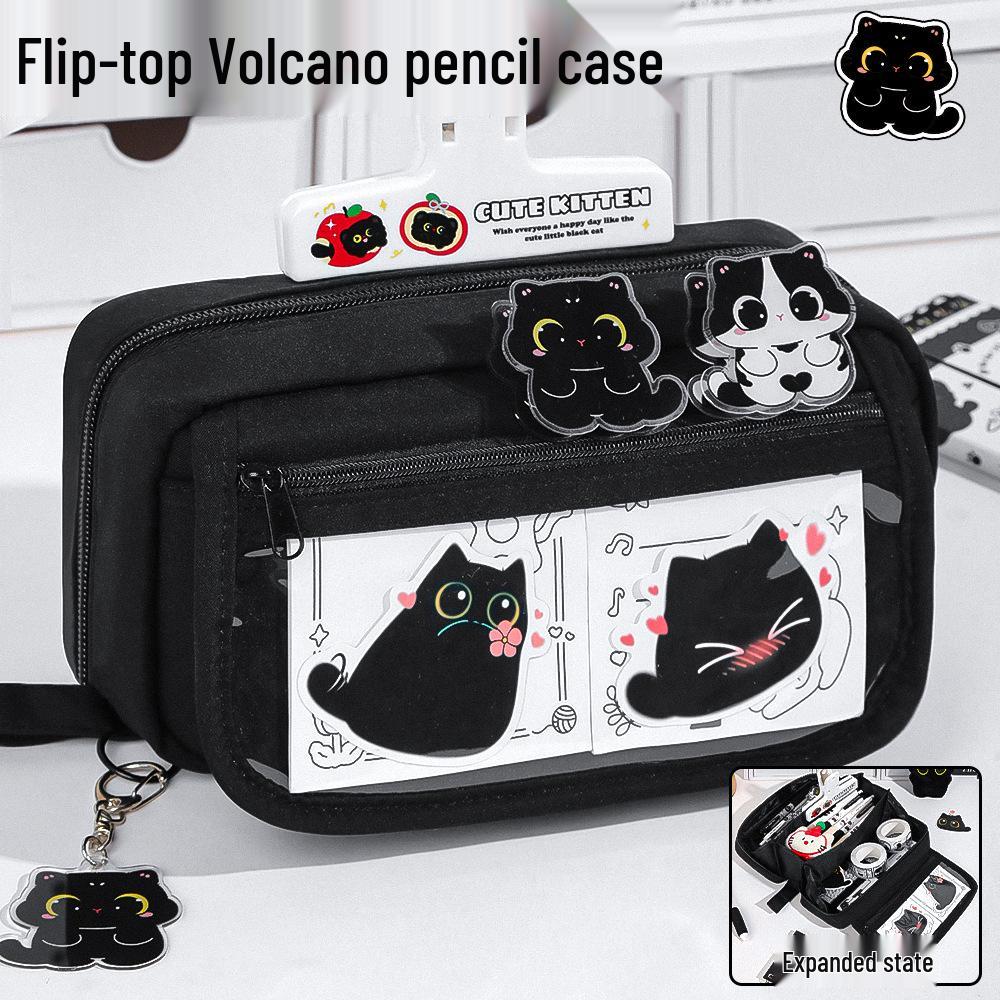 2025 Large Transparent Pencil Case - Little Black Cat Design, Trendy Stationery for Junior and High School Girls