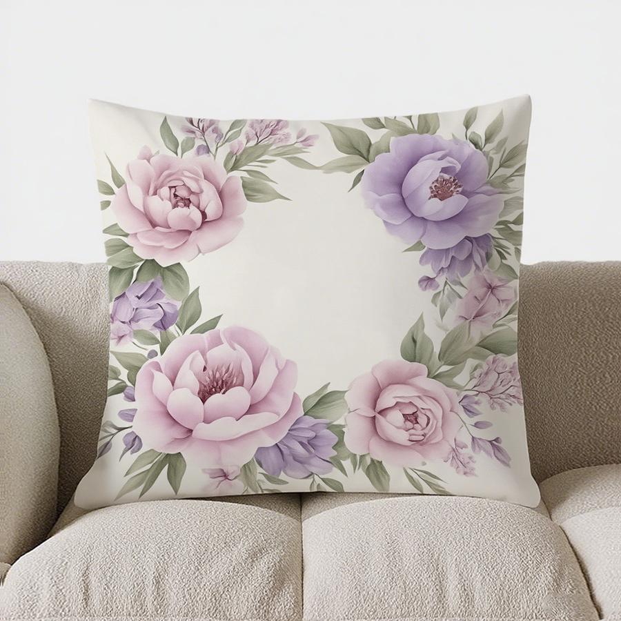 Home Decor Floral Peony Pillow Cover With Purple Blooms Pattern Cushion Cover Suitable For Sofa Bedroom Car Pillow Cover