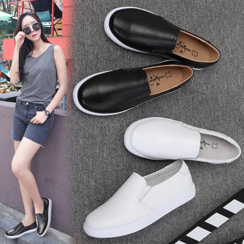 Spring Plus Size Women's Genuine Leather Slip-On White Flats - Casual, Breathable, Korean Style