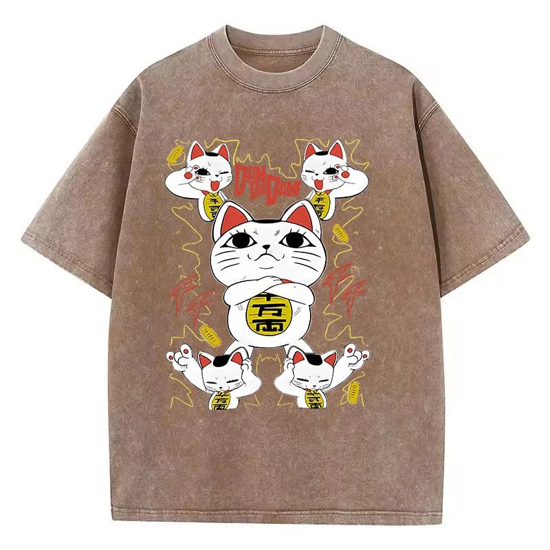 Summer Men Japanese Anime T Shirt Washed Cotton Vintage Aesthetic Cartoon Graphic Streetwear Loose Daily Tops
