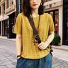 Women's Summer Orange Hollow Out Knit Short Sleeve T-shirt Casual Crew Neck Top