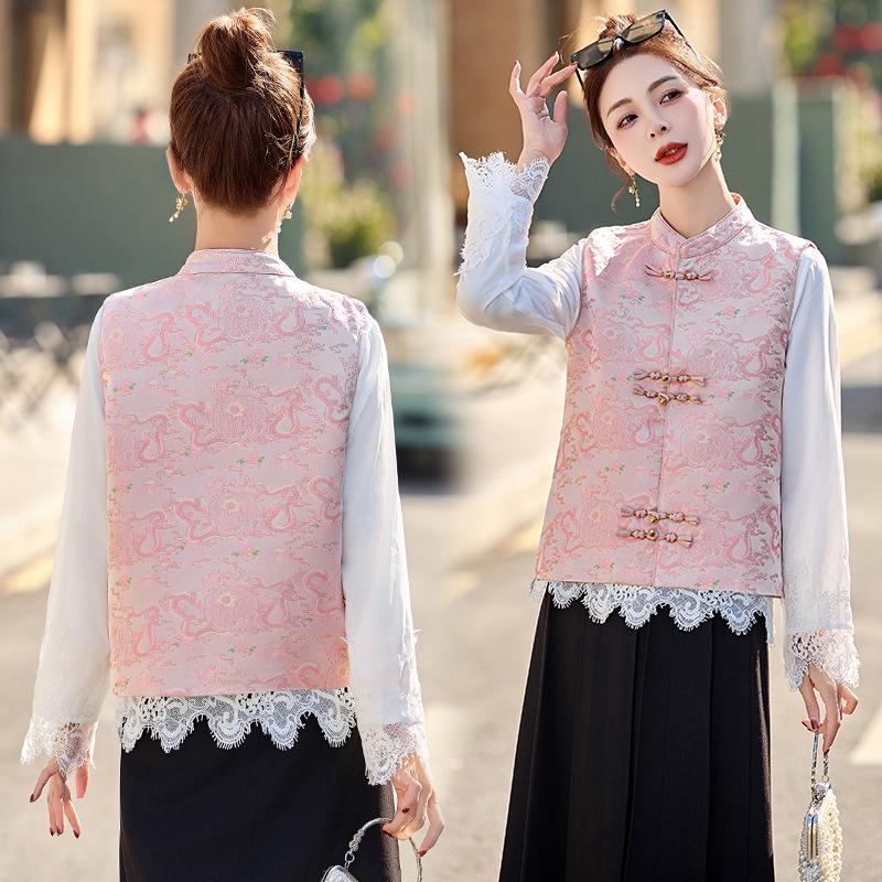 2025 Spring/Fall Women's Lace Shirt & Printed Vest Two-Piece Set