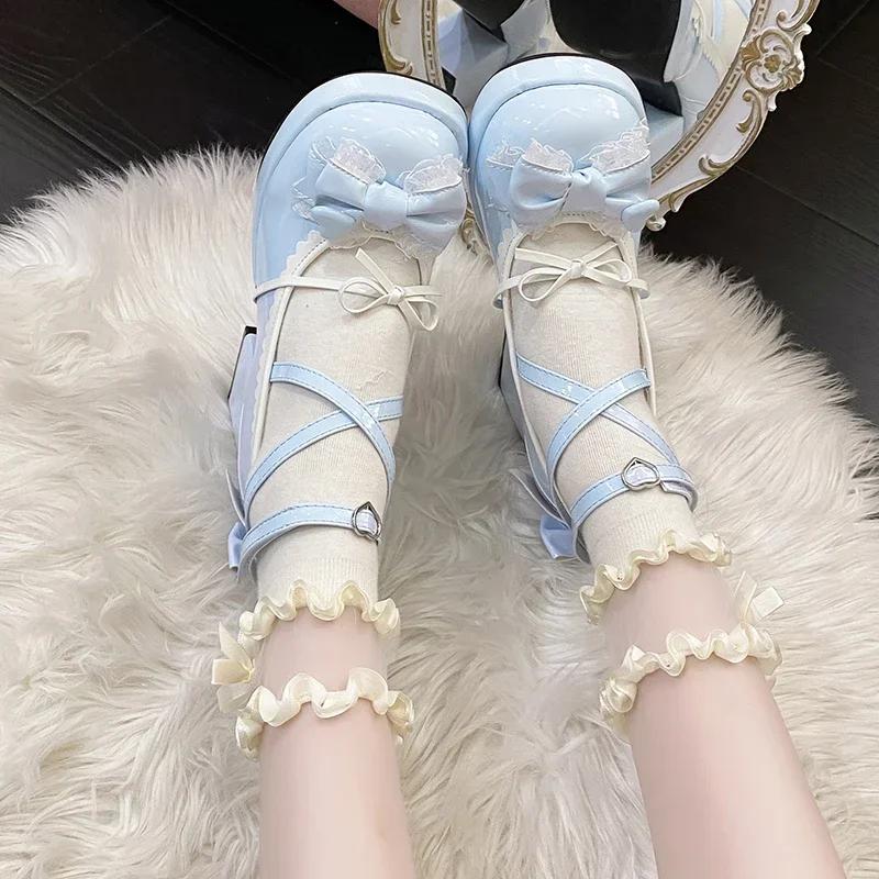 Women Platform Lolita Shoes Bow Mary Janes Shoes Party High Heels Trend Kawaii Leather Shoes Lace Chunky Sandalias De Muje