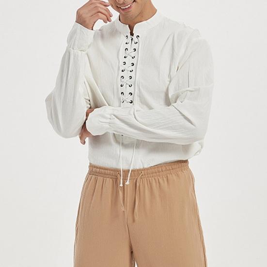 Spring Autumn Men Shirt Lace-up Stand Collar Long Sleeves Solid Color Loose Retro Medieval Mid Length Casual Cosplay Performance Top
