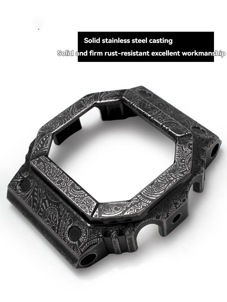 GX56/GWX56 Watch Band + Metal Bezel Case Strap for Casio G-Shock GXW56/GWX56BB -Stainless Steel Silver/Black + Replacement Tools