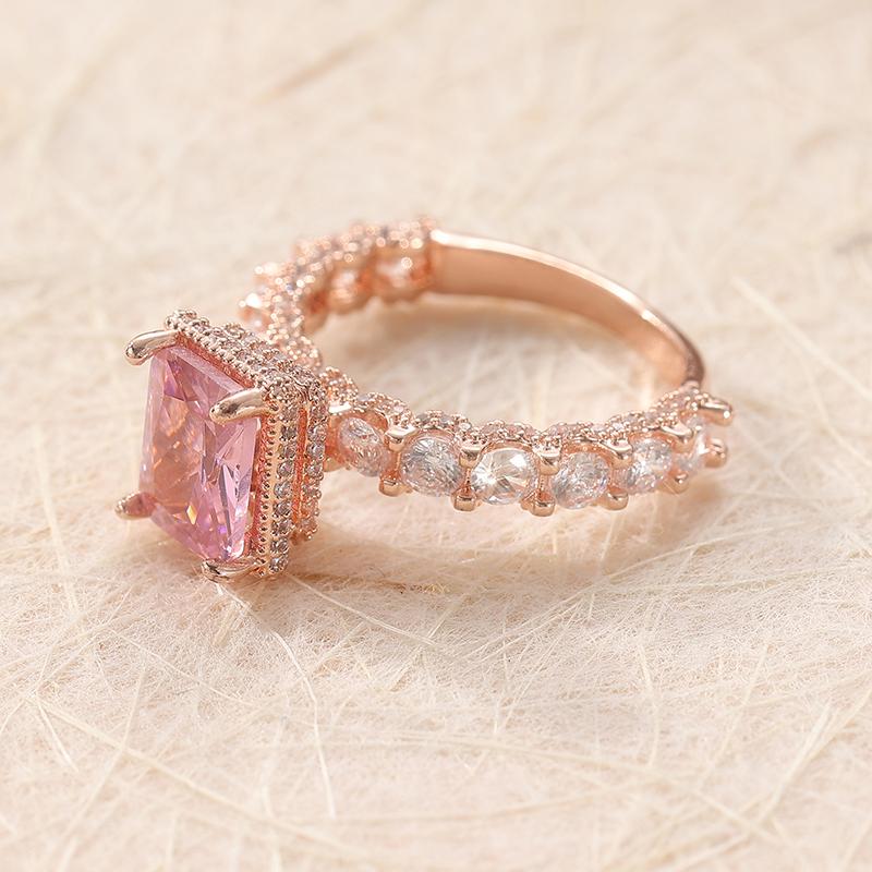 Luxury Rose Gold Color Inlaid White Pink CZ Women's Ring Geometry Fashion Daily Wear Party Jewelry
