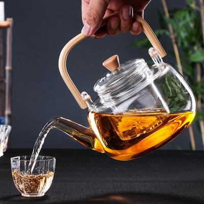 Ceainic japonez din sticlă de 1L cu ​​mâner din bambus – Fierbător cu infuzor de ceai rezistent la căldură