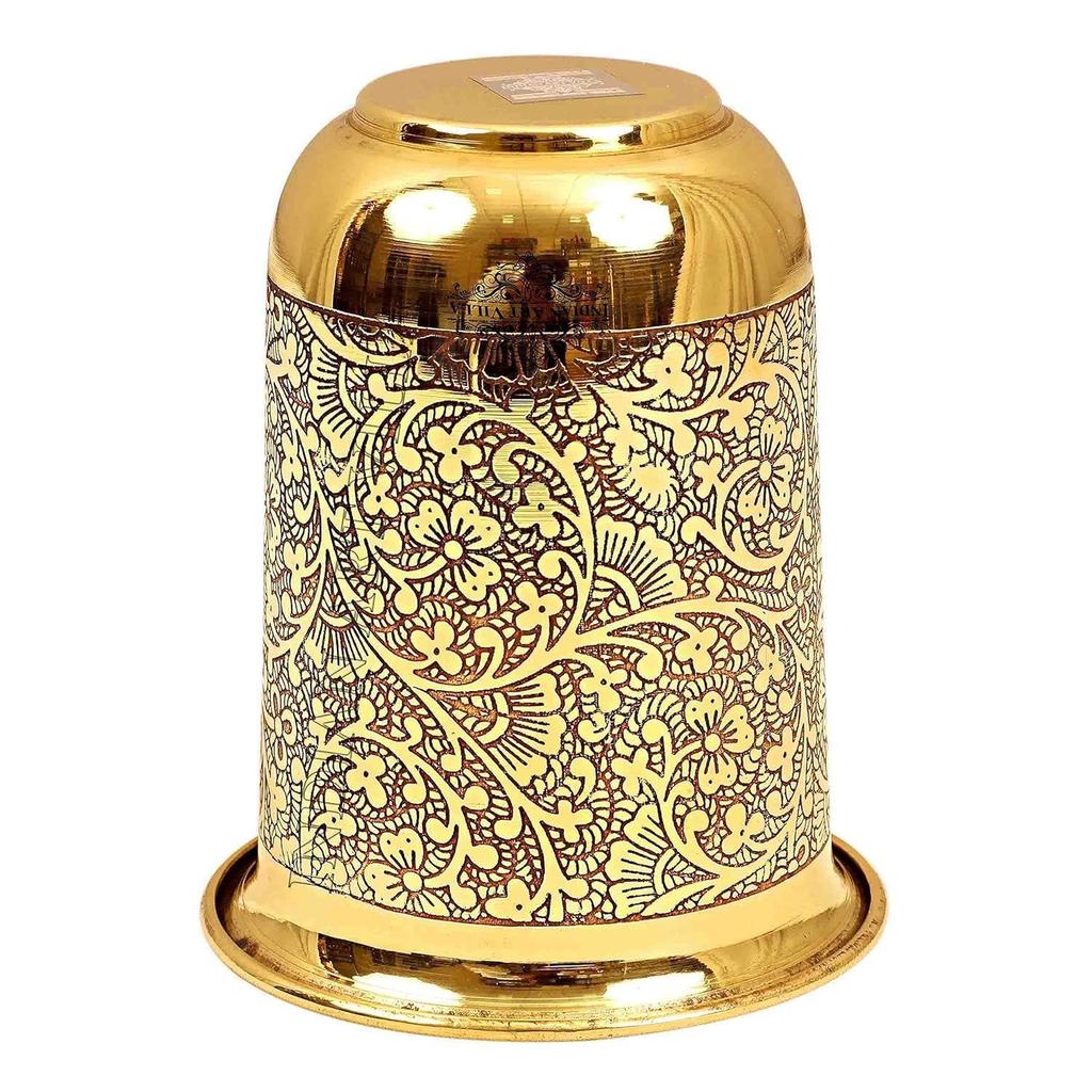 Pure Brass Glass Tumbler with Floral Vines Design, for Drinking Serving Water, Yoga & Ayurveda, Volume-280 ML, 1 Piece
