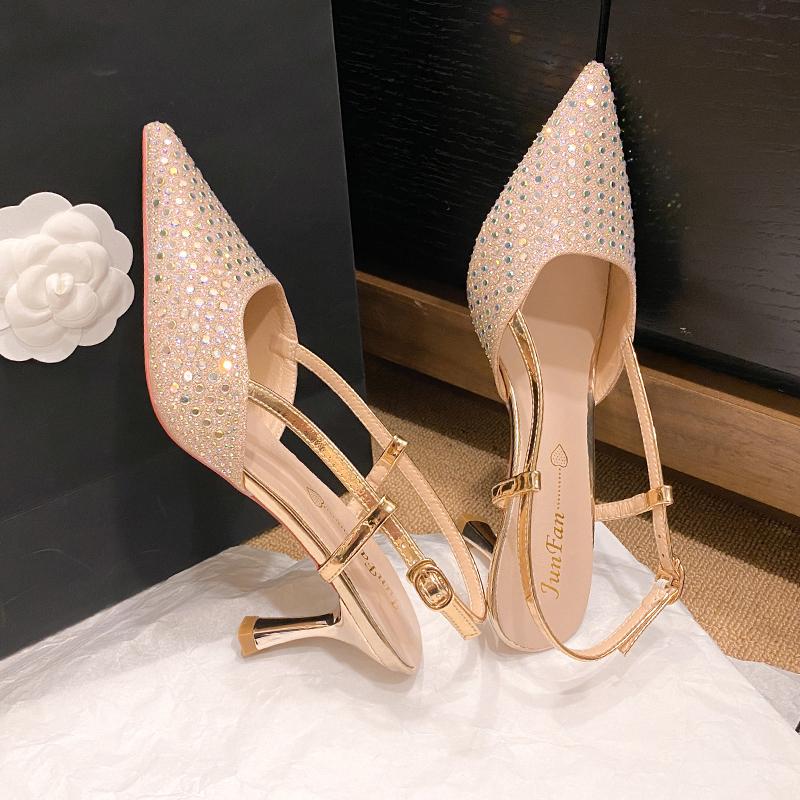 Fashion New Fashion Pointed Toe Women's Rhine-Diamond Sexy Pointy High Heels Beautiful Stiletto Bun Head One Word Buckle Sandals Woman