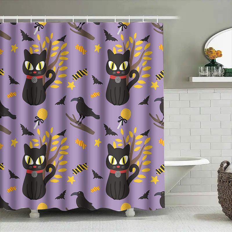 Halloween Cat Pattern Shower Curtain Purple Floral Design With Witch Hat Spider Web For Bat Bath Decor In Bathroom Accessories F