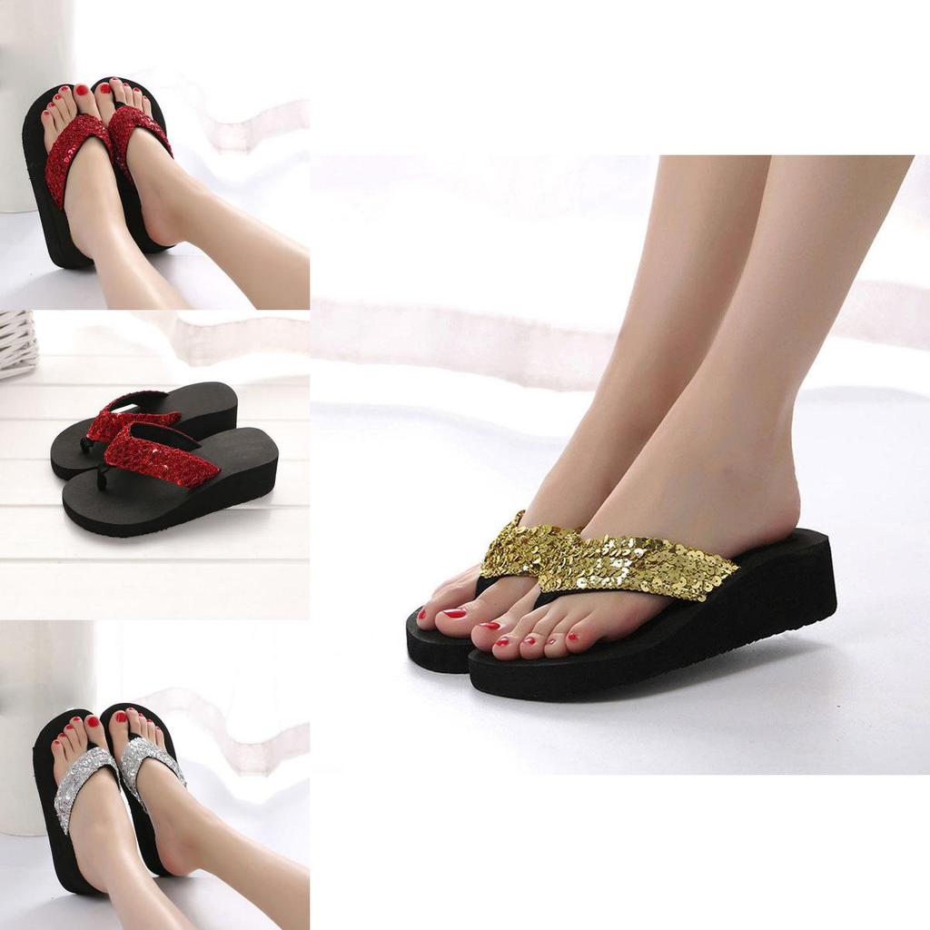 Sequins Summer Womens Antislip Sandals Girl Wedge Heels Slippers Flipflops Us