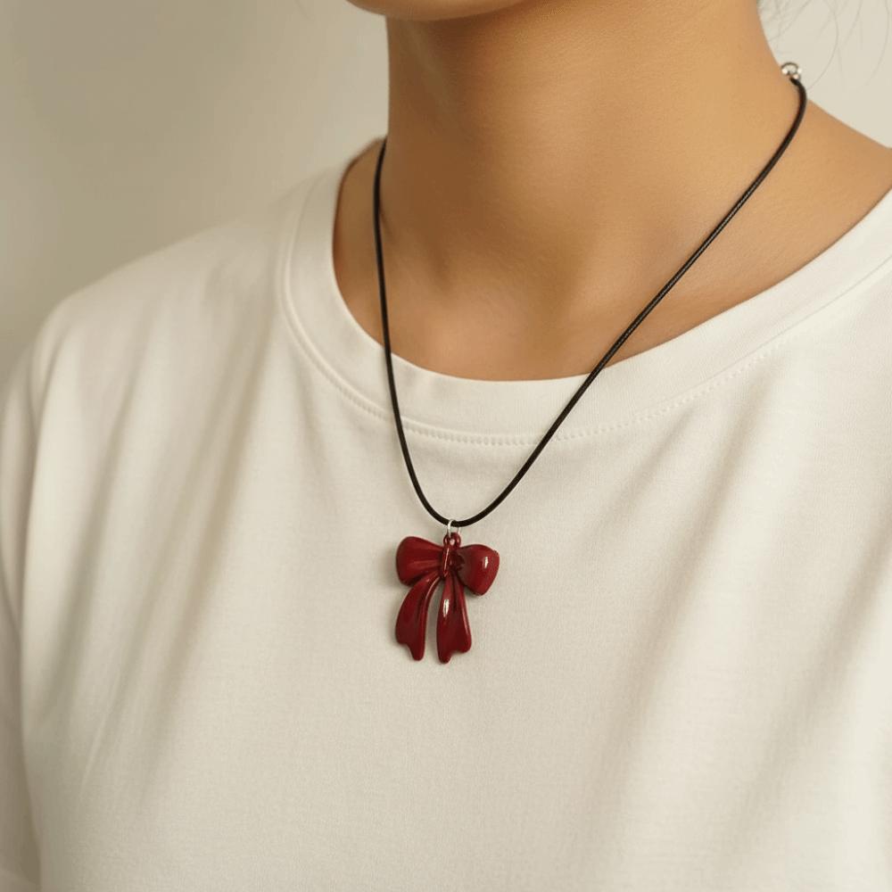 Cool Bowknot Pendant Necklace Sweet Clavicle Chain Creative Leather Rope Necklace  Y2K Party