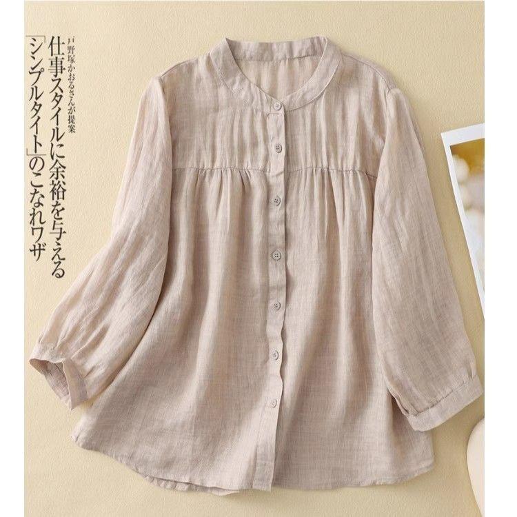 Ethnic style cotton and linen seven-quarter-sleeved shirt women's spring summer loose and thin casual cotton and linen cardigan top