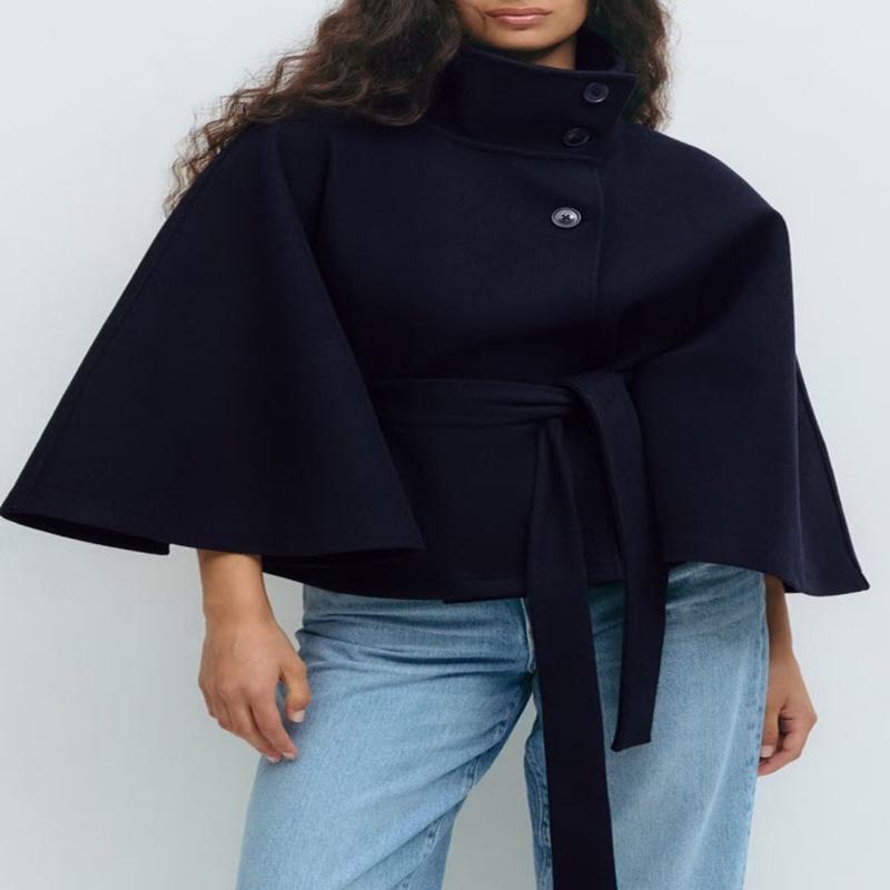 Fashionable Pure Color Women's Autumn Winter Coat Stand Collar Button Belted Cloak Elegant Commute Style Long Sleeve Polyester