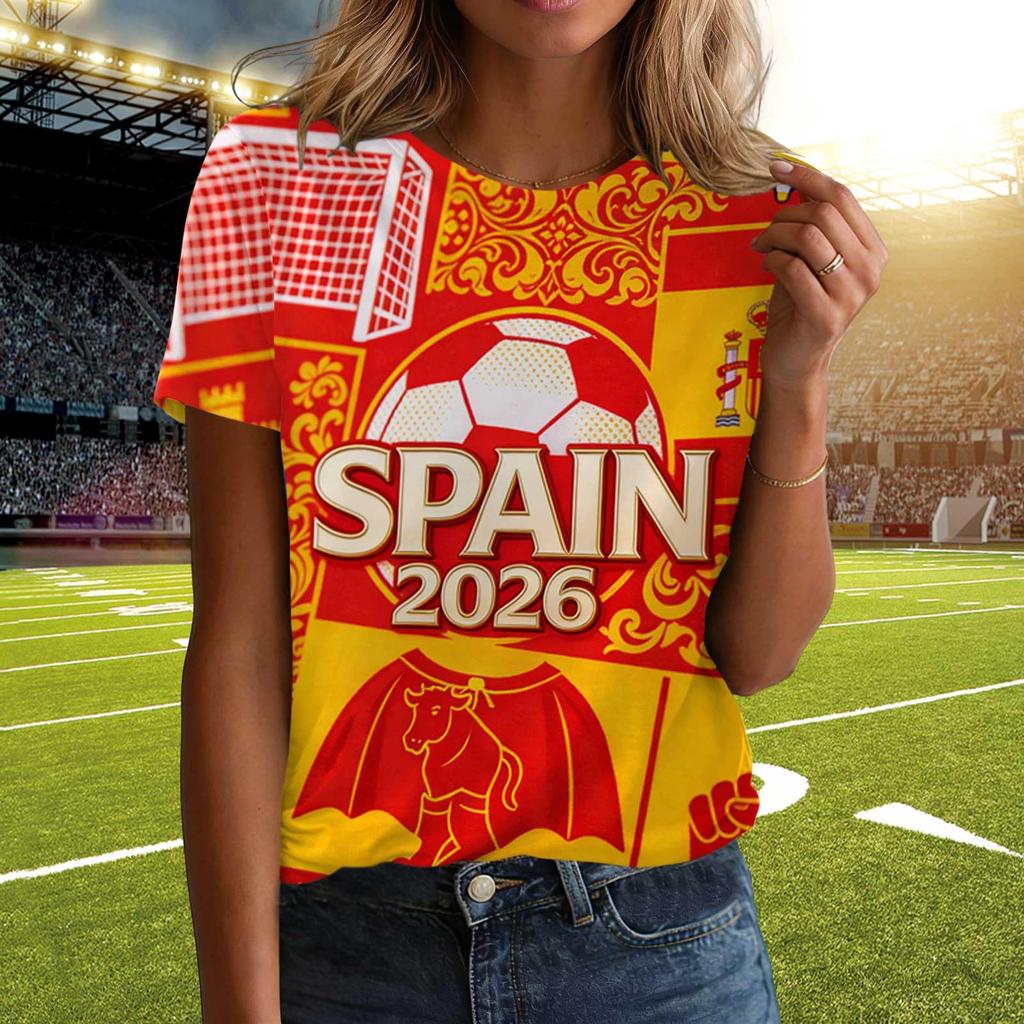 Women Casual Pullover T Shirt Short Sleeve Crew Neck Letter Print Top for Spain 2026 Soccer Support Fans