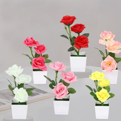 3 Köpfe Künstliche Rosenblume Bonsai Kunstpflanzen Plastik Topfpflanze Heim Schreibtisch Künstliche Deko Wohnzimmer Ornament