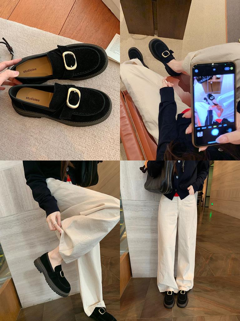 Rindslederversion~ Jialida Damenschuhe erhöhen die Höhe um 4 cm Metallschließe mit Plateau Slipper, Damen Faulenzer Pedal kleine Lederschuhe mit