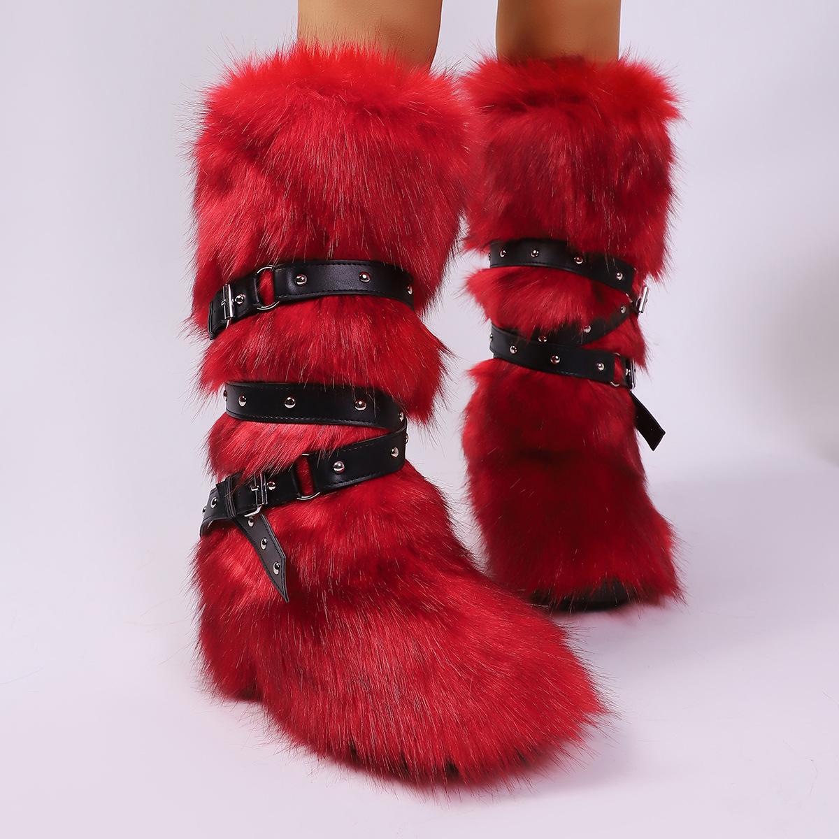 

IPPEUM Winter Fur Boots 2026 Knee High Boots For Women Shoes Pink Red Purple y2k Snow Boots 230 красный