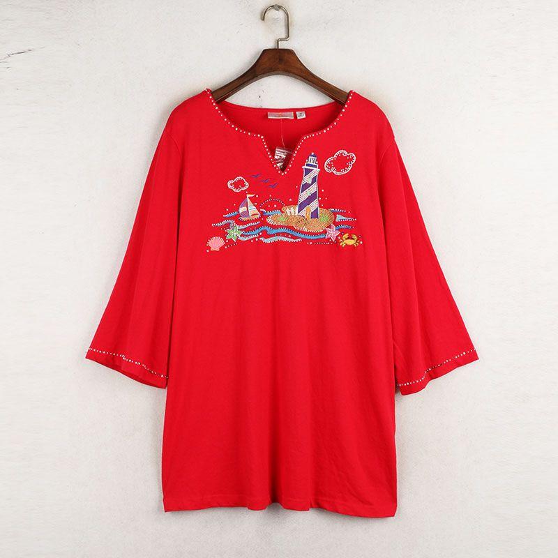

Sunshine House Autumn Clothing New Arrival Export European and American plus Fat plus Size Heavy Industry Beads Pure Cotton Women s Wear T-shirt Tops Red 2X: Bust size 136