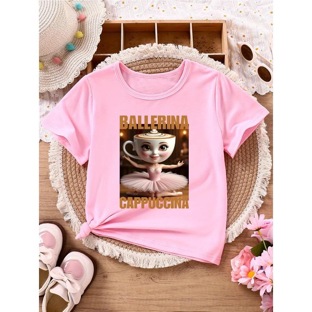 BALLERINA CAPPUCCINA Children's Casual Short-sleeved T-shirt with Gold Letters Cartoon Ballerina Cappuccino Print Top