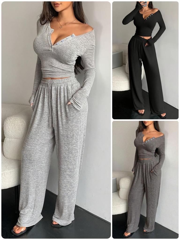 2025 Cross-Border Women's Fall Two-Piece Set: Long-Sleeve Button-Up Bodycon Top + Extra-Long Pants