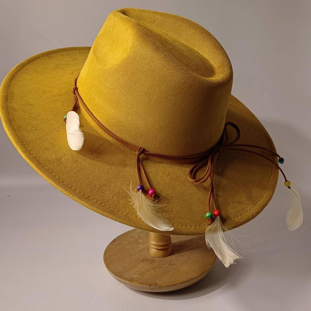 2026Bohemian style suede hat, brim 9.5 cm fedora with feather accessories, classic church hat, wide brim hat, women's hat