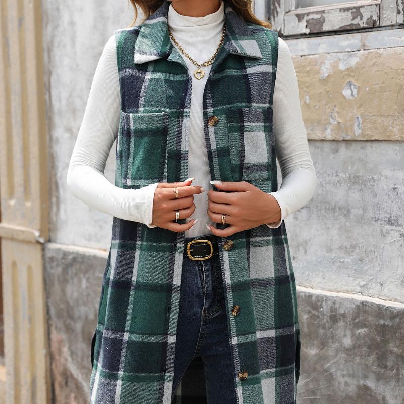 Women's Fashion Trend Vests for Autumn and Winter Contrasting Stripes Checkered Button Up Sleeveless Cardigans