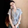 Lace Splicing Short-sleeved Shirt Women's Summer New Fat Mm High-end Lace-up Waist Thin Short-sleeved Women A