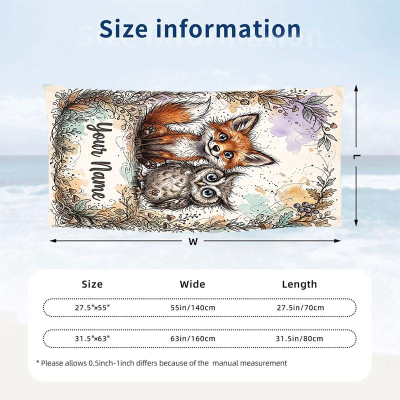 Fox Owl Flowers Theme Quick Dry Beach Towel Custom Name Text Print Large Sand Resistant Towel Beach Vacation