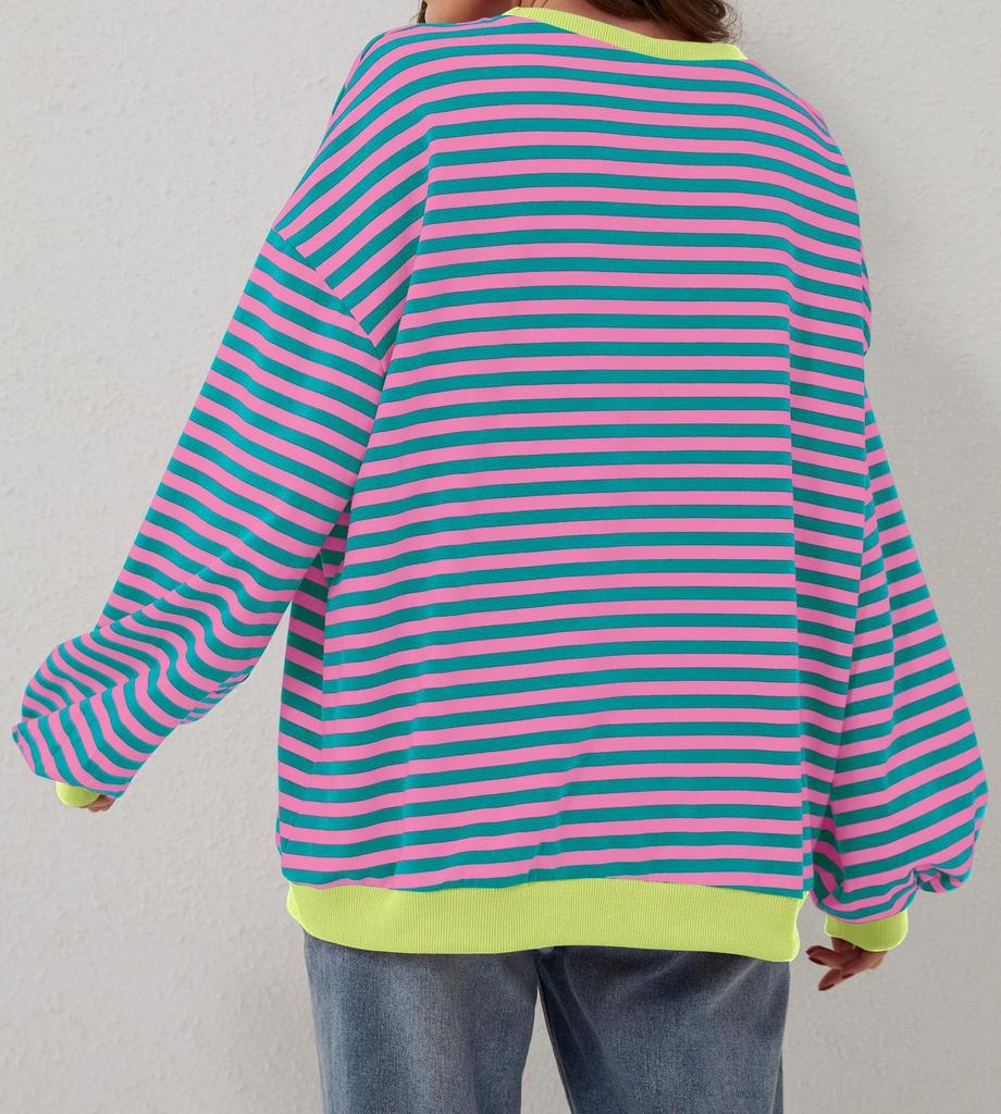 2026 Spring Striped Floral Round Neck Long Sleeve Color Block Hoodie