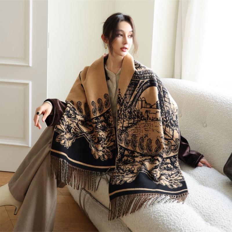 Fashion plaid core-spun yarn women's scarf autumn and winter new tower long jacquard shawl warm and thickened versatile scarf