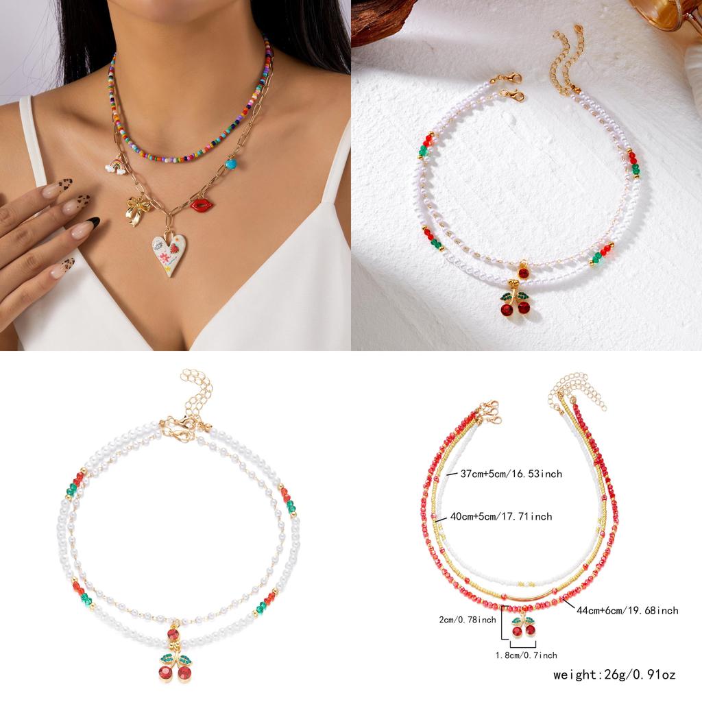 Summer Strawberry Fruit Pendant Necklace Set With Pearl Layered Choker For Women