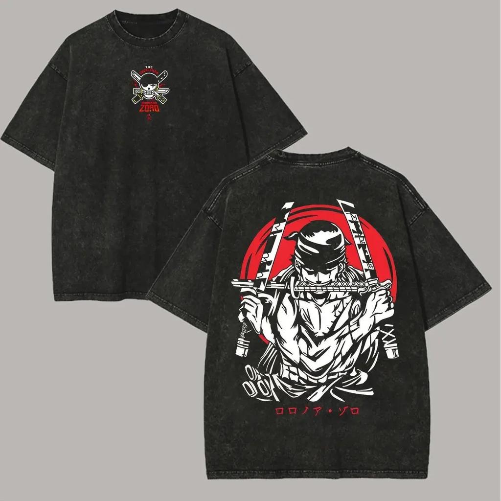 New One Piece Zoro Graphic T Shirt Men Women Vintage Wash Short Sleeve Tee Summer 2026 Y2k Anime Print Cotton Streetwear Casual