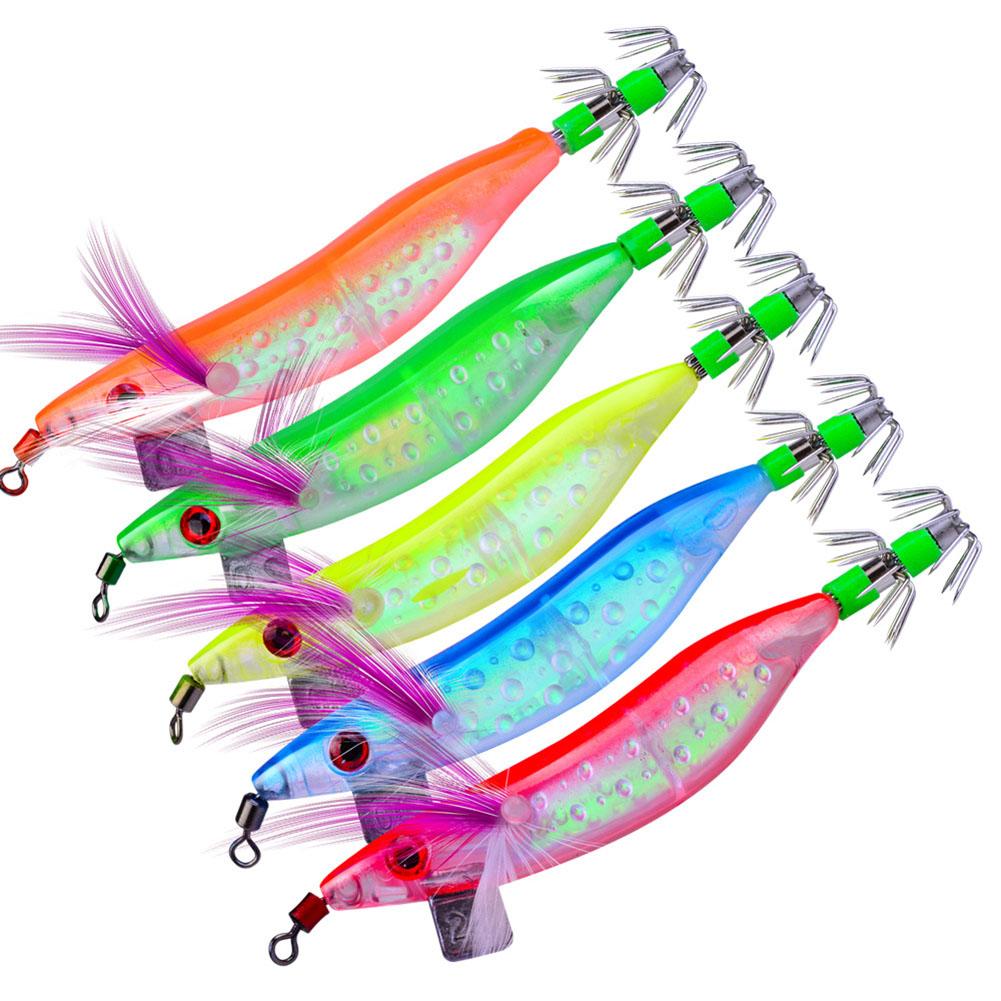 

5pcs Luminous Saltwater Fishing Lures Squid Octopus Shrimp Bass Lures Fishing Shrimp Lure Baits Soft Bait 10cm/8.1g 1 set (5 mixed colors)