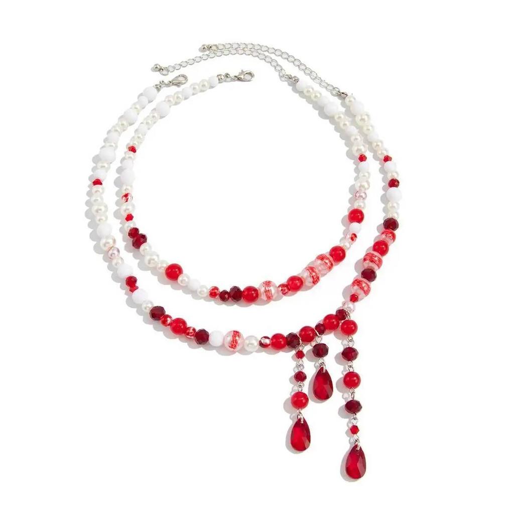 IngeSight.Z Goth Rotblutmuster Imitation Perlen Quaste Anhänger Halskette Damen Exquisiter Kristallperlen Choker Halloween Schmuck