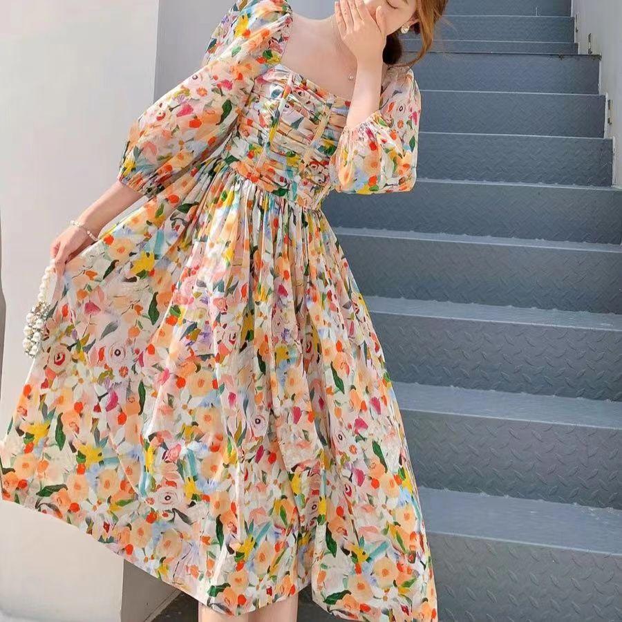 Summer French Hepburn Style High-end Dress Femininity Retro Chic Beautiful Floral Bubble Sleeve Medium and Long Dress