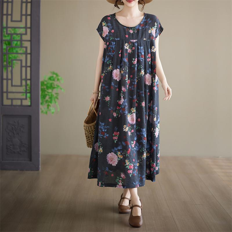 DIMANAF New 2026 Summer Beach Women Plus Size Cotton Vintage Lady Loose Oversize Long Dress Floral Print