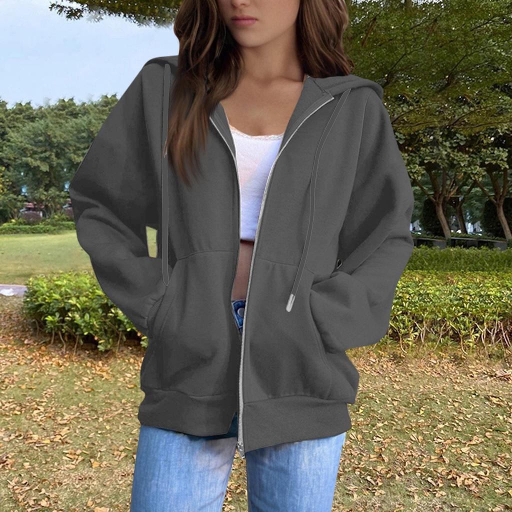 Women's Solid Color Long Sleeved Round Neck Plush Zipper Hooded Sweatshirt With Drawstring