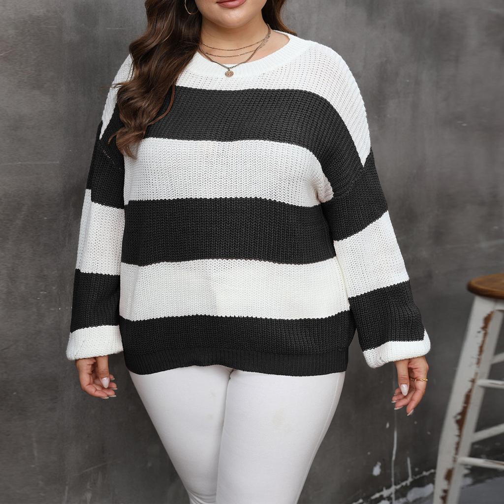 Women Knitwear Clashing Stripes Intercolor Pullover Round Neck Loose Sweater