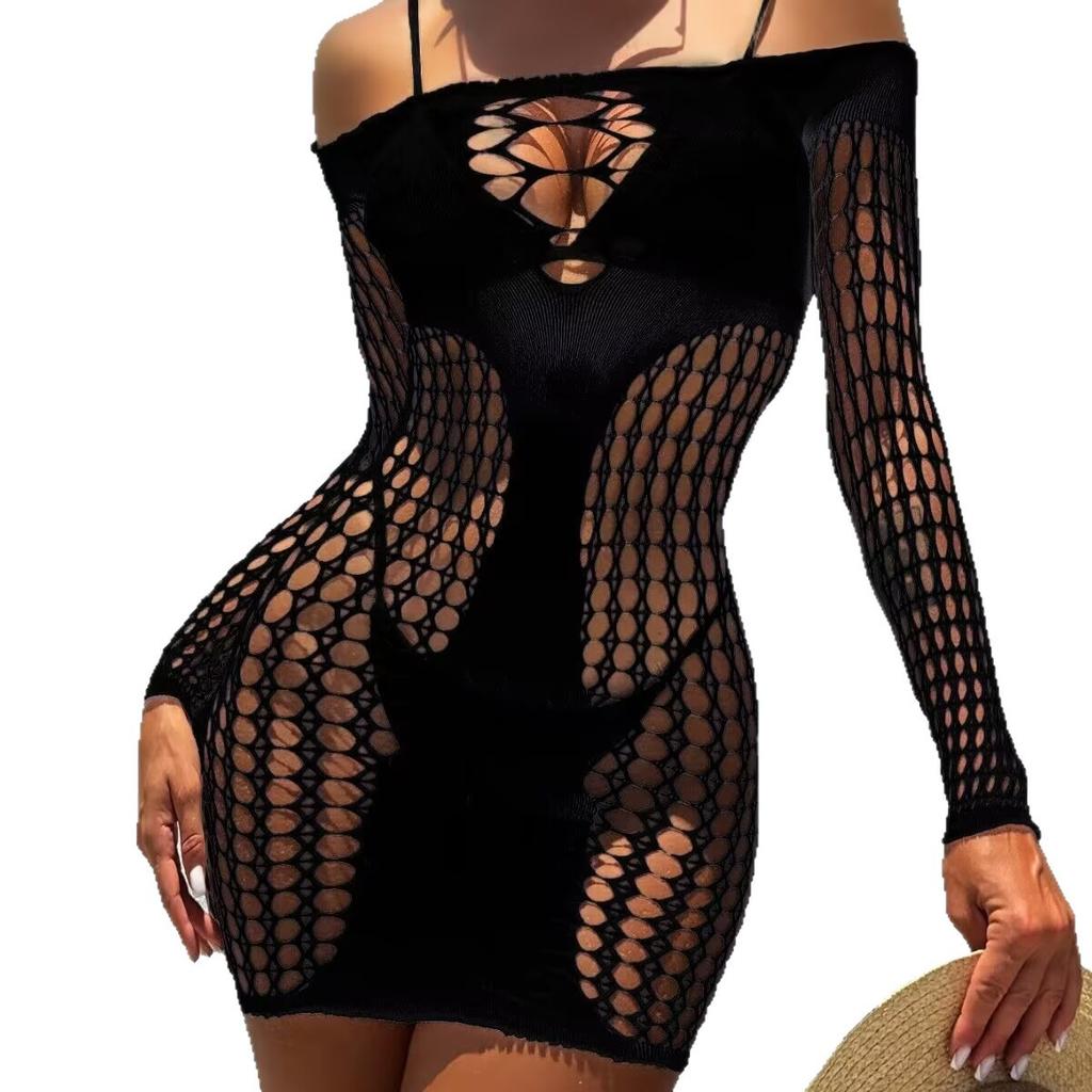 Erotic Underwear Sexy Temptation Cut-Out See-Through Pole Mesh Hole One-Piece Dress Uniform My032